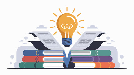 Bright idea concept illustrated by an illuminated lightbulb emerging from a stack of colorful books and open pages
