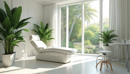 Fototapeta premium Modern spa room with white reclining chair. Rich green tropical plants surround the space. Large windows offer views of trees and nature. Clean, bright, and serene ambiance for wellness procedures.