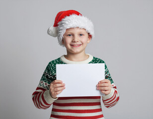 happy young boy in santa hat holding blank sign