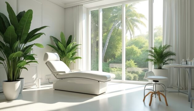 Modern spa room with white reclining chair. Rich green tropical plants surround the space. Large windows offer views of trees and nature. Clean, bright, and serene ambiance for wellness procedures.