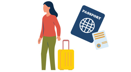 Traveler With Passport And Suitcase, Ready For Travel And International Documentation At Airport Check Point