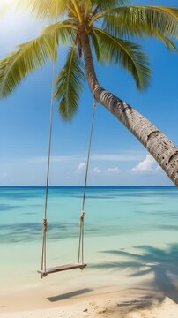 Tropical Paradise: Beach Swing Under Palm Tree, Azure Waters