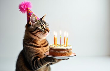 Tabby cat wears party hat holding birthday cake with lit candles. White background with copy space. Feline celebrates special event, festive mood. Cute pet.