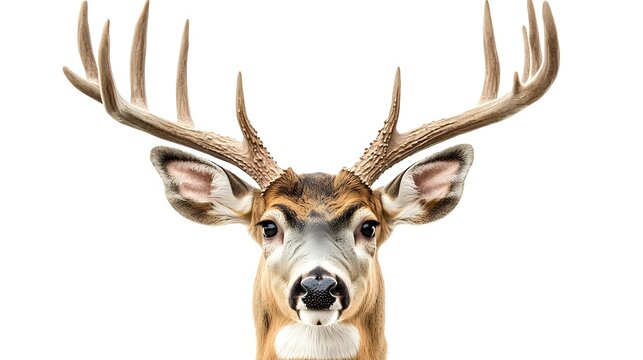 Majestic white-tailed deer buck head with large antlers isolated on white background, close up portrait view showing detailed facial features and alert expression. Perfect for hunting designs.