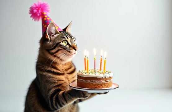 Tabby cat wears party hat holding birthday cake with lit candles. White background with copy space. Feline celebrates special event, festive mood. Cute pet.