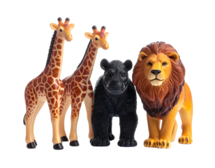 Four toy animals two giraffes, a black panther, and a lion, posing against a black backdrop in a studio setting