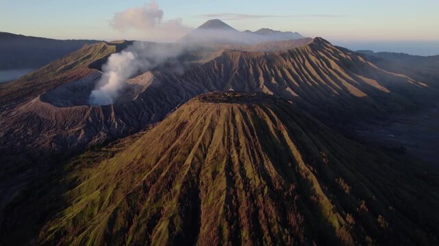 Aerial drone view of Mount Bromo volcano, East Java, Indonesia, at sunrise