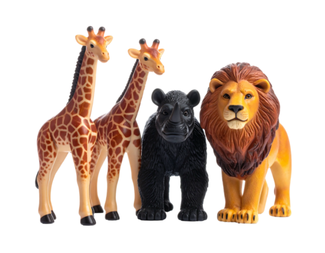 Four toy animals two giraffes, a black panther, and a lion, posing against a black backdrop in a studio setting
