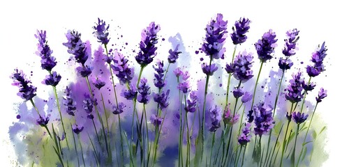 Obraz premium Delicate watercolor lavender flowers with soft purple and blue splashes create dreamy spring garden scene, artistic botanical illustration for wall decor and stationery design.