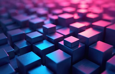 Illustration shows abstract cubic background. Neon purple light shines. Blue geometric boxes form pattern. Futuristic design conveys tech mood. Image innovation, 3D model, AI, modern wallpaper,