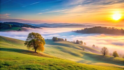 Fototapeta premium Serene Sunrise Over Rolling Hills and Misty Valley, Illuminating a Lone Tree in a Lush Meadow