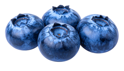 Four vibrant blueberries clustered together against a clean black background, showcasing their deep blue color