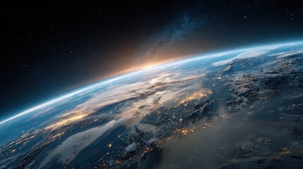 Obraz premium Sunrise over earth from space with city lights visible below