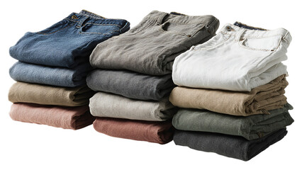 Neatly organized stack of folded jeans in various colors showcasing range of styles and textures isolated on transparent background
