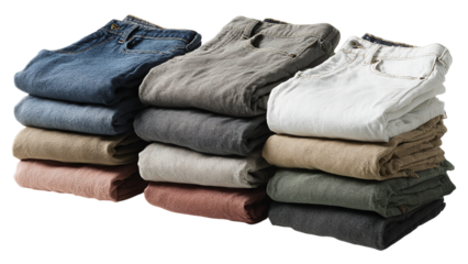 Neatly organized stack of folded jeans in various colors showcasing range of styles and textures isolated on transparent background