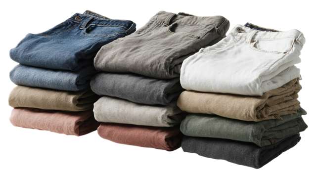 Neatly organized stack of folded jeans in various colors showcasing range of styles and textures isolated on transparent background