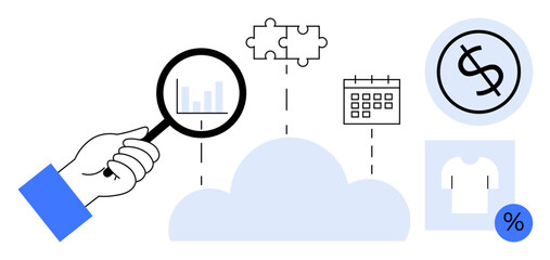Magnifying glass focusing on a graph above a cloud, puzzle pieces, calendar, dollar sign, and product icon. Ideal for data analysis, cloud computing, planning, finance e-commerce problem solving