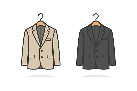 Classic tailored suit jackets in light and dark colors hanging on wooden clothes hangers