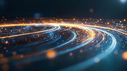 Glowing curved light trails with orange and blue streaks against dark background create dynamic motion effect, abstract technology concept for digital transformation.