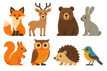 Obraz premium Adorable collection of eight common forest animals isolated on a white background