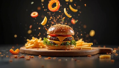 Juicy double cheeseburger with lettuce tomato and onion rings falling. Crispy french fries served on wooden board against dark background. Delicious fast food meal.