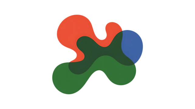 Dynamic abstract design featuring organic shapes in vibrant red, green and blue color palette, perfect for creative backgrounds and modern branding visuals