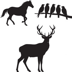 silhouette of deer, horse and birds, editable file
