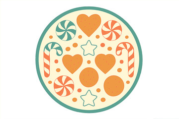 Naklejka premium Festive circular pattern featuring gingerbread hearts, striped candy canes, and swirl candies on a cream background
