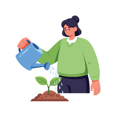 Woman carefully waters new plant sprout, symbolizing growth and care