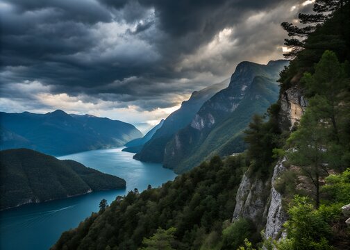dramatic mountain landscape with storm clouds over deep blue lake