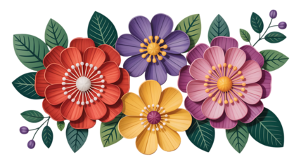 Vibrant floral arrangement with red, purple, yellow, and pink flowers, enhanced by lush green leaves, perfect for spring designs and cheerful greetings