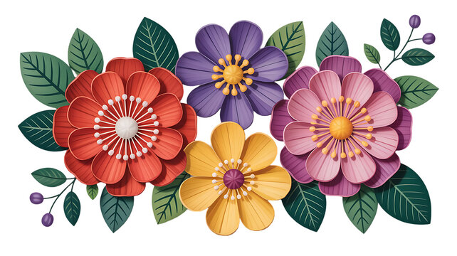 Vibrant floral arrangement with red, purple, yellow, and pink flowers, enhanced by lush green leaves, perfect for spring designs and cheerful greetings