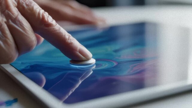 Senior Finger Interacts With Tablet With Blue Screen Interface Design