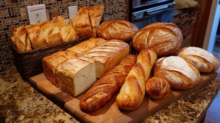 Freshly Baked Bread Display on Wooden Surface in Cozy Kitchen Setting