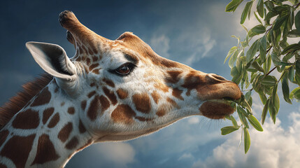 Giraffe munching on leaves under a blue sky in the afternoon