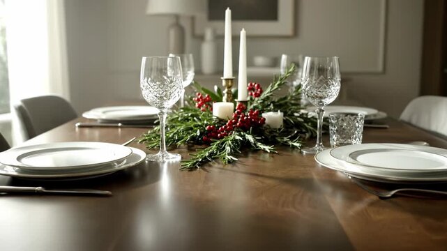 An elegant dining table is meticulously set for a festive holiday meal. Beautiful dinnerware, crystal glasses, and a vibrant centerpiece complete the scene.