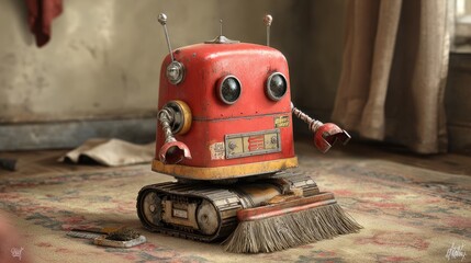 Cute Vintage Robot with Broom in Cozy Indoor Setting