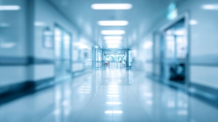 Obraz premium Modern hospital corridor with motion blur effect, symbolizing speed, emergency, and advanced healthcare. Suitable for medicine, technology, or wellness concepts.