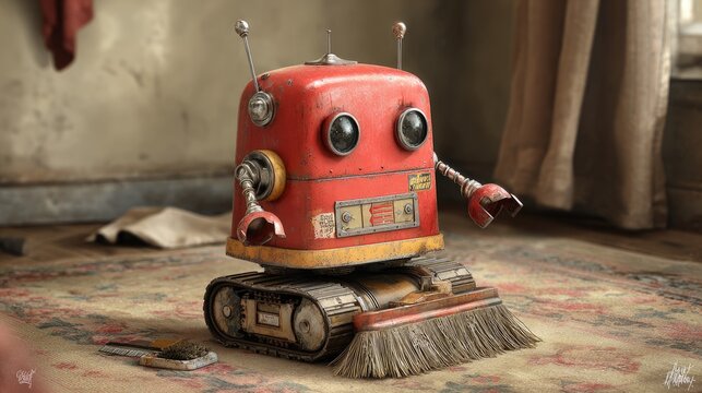 Cute Vintage Robot with Broom in Cozy Indoor Setting