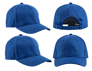 Four views of a solid blue baseball cap with curved brim and button on top against a stark black background