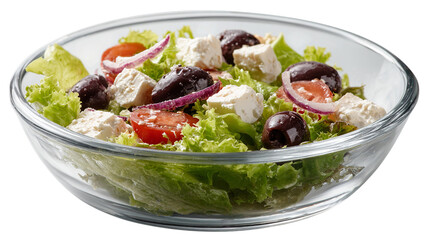 Fresh and vibrant Greek salad featuring lettuce olives tomatoes onions and feta cheese isolated on transparent background