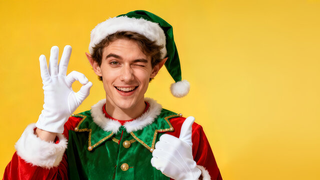 Cheerful young man in a festive christmas elf costume gives a thumbs up and an okay sign on a bright yellow background during the holiday season