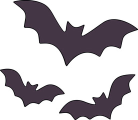  Flat minimalist illustration of three dark purple bats flying in formation, representing Halloween night, spooky atmosphere, and mystical fantasy in a clean modern style.
