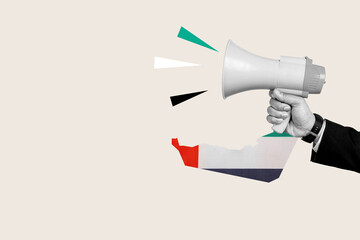 Human hand holding megaphone with United Arab Emirates national flag color. Concept of UAE national day celebration. Collage art