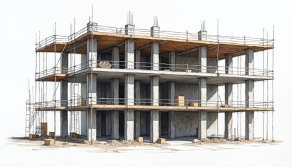 Obraz premium Hand drawn sketch shows construction site. Building scaffolding, concrete columns, wooden floor. Illustration presents architecture, engineering concept. Design looks like blueprint. Real estate