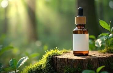 Fototapeta premium Brown glass dropper bottle with blank label rests on mossy tree stump in sunlit forest. Natural herbal remedy or essential oil product packaging mockup.