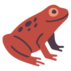 Flat minimalist illustration of a red frog with dark purple markings, representing a witch’s familiar or magical creature in Halloween and fantasy themes.