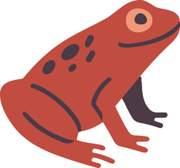 Flat minimalist illustration of a red frog with dark purple markings, representing a witch’s familiar or magical creature in Halloween and fantasy themes.