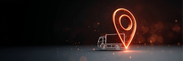 Glowing digital location pin presenting truck outlining modern technology for tracking packages, managing transport routes, and ensuring timely delivery services on a dark background