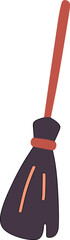 Flat minimalist illustration of a witch’s broom with a dark bristle base and red handle, representing Halloween magic, flying spells, and witchcraft symbolism.